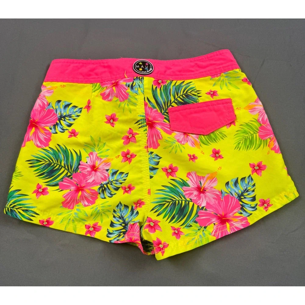 Maui and Sons Kids Neon Yellow Pink Floral Board Shorts Swim Trunks Size S‎ 7/8